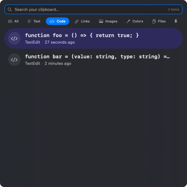 Code snippets in HyperPaste