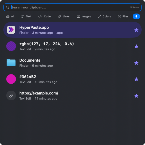 Pinned items in HyperPaste