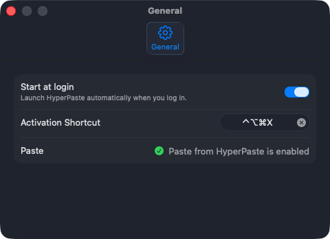 HyperPaste Settings window